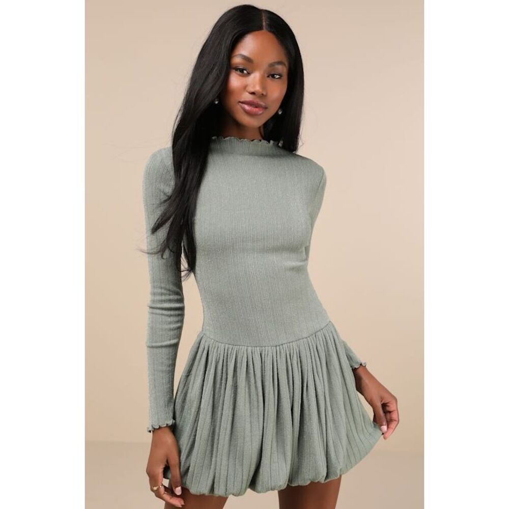 Lulus Approachably Adorable Sage Green Ribbed Bubble-hem Mini Dress - Size M NWT